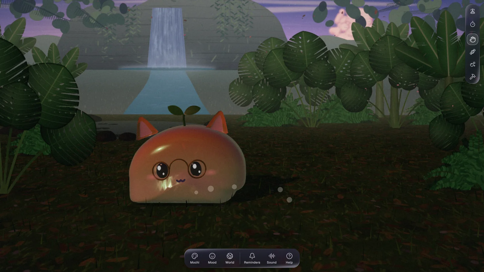 Mochi, a 3D jelly pet with round glasses, in a zen garden by a waterfall